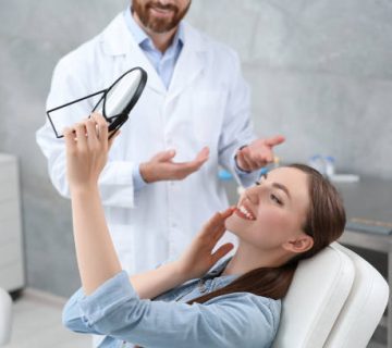 young woman looking at her new dental implants in mirror indoors 1
