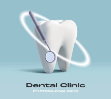 3d illustration of a tooth with dental mirrow and protective shiny circle dental care poster
