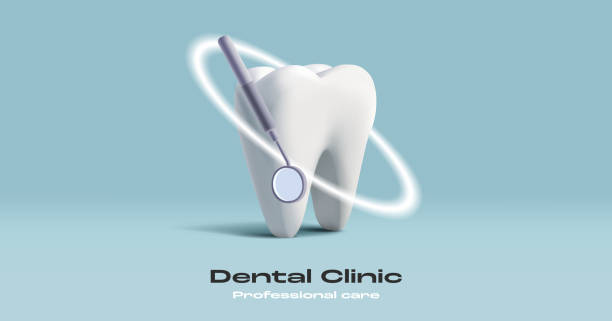 3d illustration of a tooth with dental mirrow and protective shiny circle dental care poster
