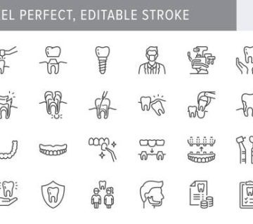 dental care line icons vector illustration include icon implant braces dentist toothache 2