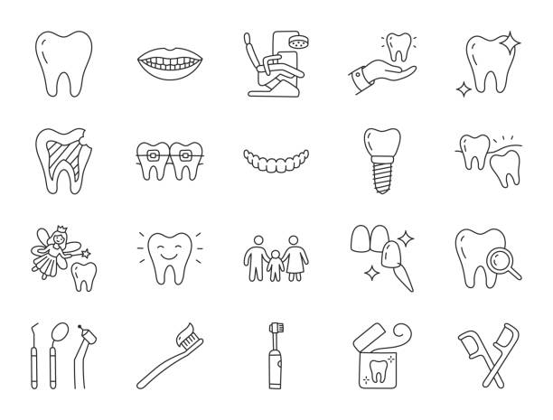 dental clinic doodle illustration including icons wisdom tooth veneer teeth whitening braces 1