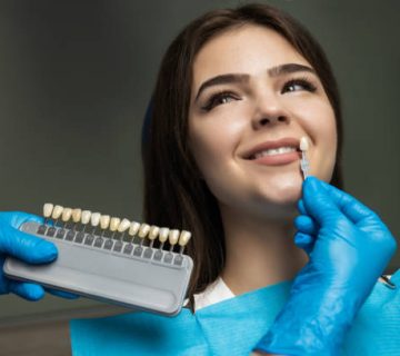 dentist in blue medical gloves applying sample from tooth enamel scale to happy woman patient