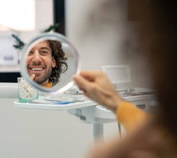 handsome young man looking at mirror at dentist 1