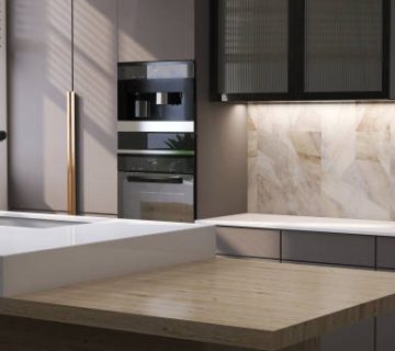 modern and luxury built in gray wooden kitchen counter with white laminate top cabinet and